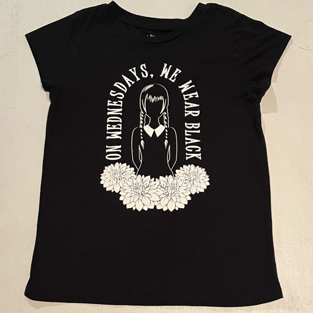 Wednesday Addams Family Gothic Black T-Shirt, Size Large 10/12